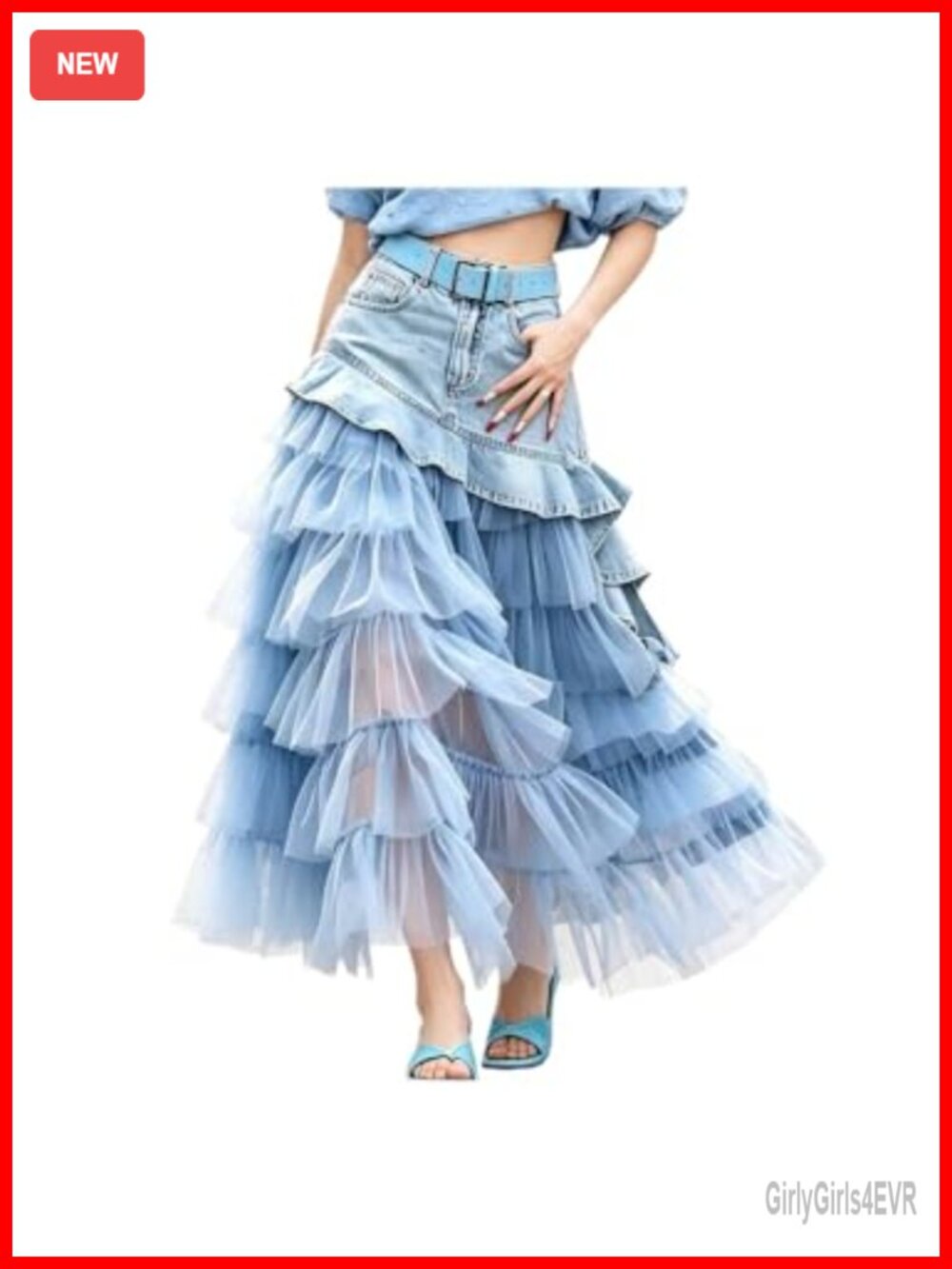 Y2K High Waist Denim Tulle Layered Maxi Skirt A-Line
